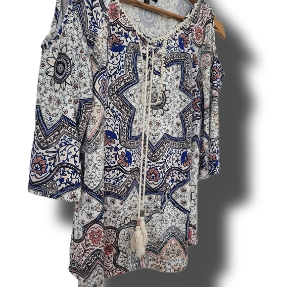 🌿AUW Womens Small Drop Sleeve Multi Print Top with Tassel Ties-So cute! - Picture 4 of 12